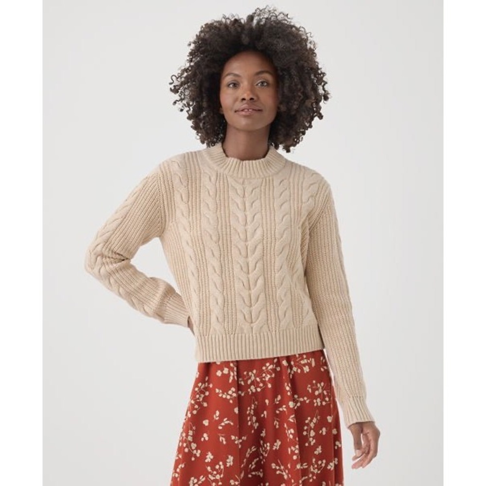 Pact Cable Knit Crew Sweater Women XXL Sandshell Organic Cotton Relaxed Pullover